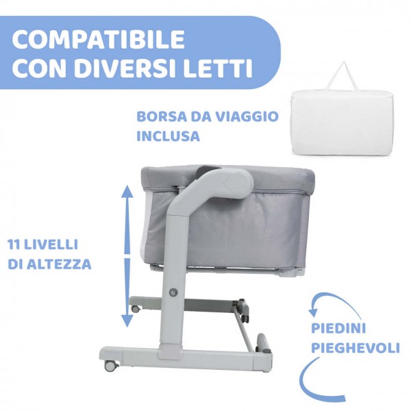 Culla Co-Sleeping Chicco Next2Me Magic Evo Grey Mist Dondolo, Inclinabile, Spondina Apribile, Altezza Regolabile