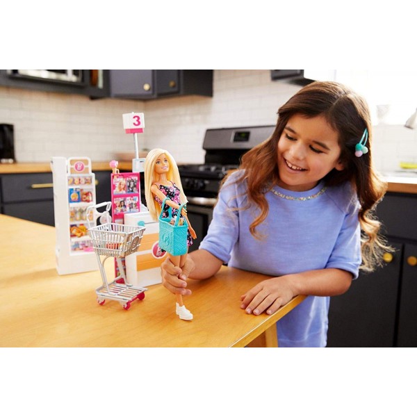 BARBIE BAMBOLA SUPERMERCATO CARRELLO FUNZIONANTE E TANTI ACCESSORI IN OFFERTA