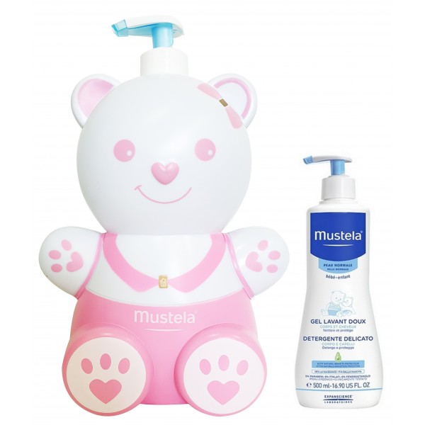 Detergente Delicato Mustela 500ml + Copriflacone Orsetto Rosa