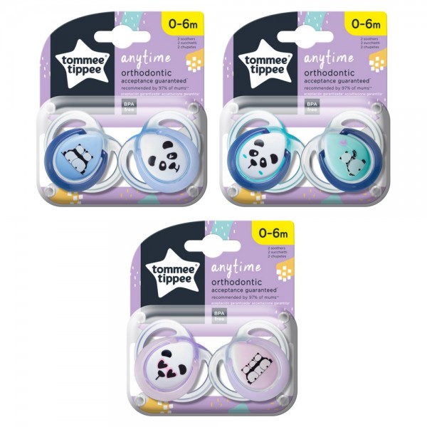 Tommee Tippee Set 02 Succhietti 0-6 M Any Time Ortodontico Azzurro e Blu in Silicone Panda