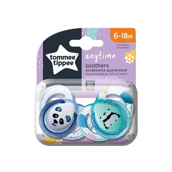 Tommee Tippee Set 02 Succhietti Anytime 6-18 M in Silicone Ortodontica Panda Blu e Verde Acqua
