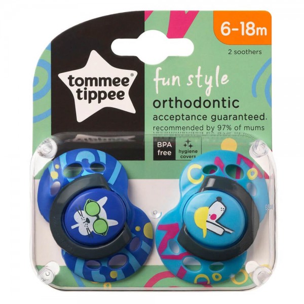 Tommee Tippee Set 02 Succhietti 18-36 m Fun Style in Silicone Ortodontico Azzurro e Blu Dog