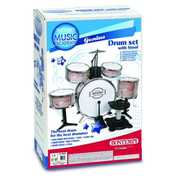 Batteria Metallizzata Bontempi 6 Elementi con Sgabello e Bacchette Beige
