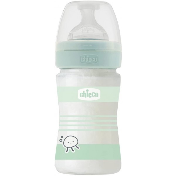 Biberon Benessere in Vetro Chicco 150ml Flusso Lento Silicone Green