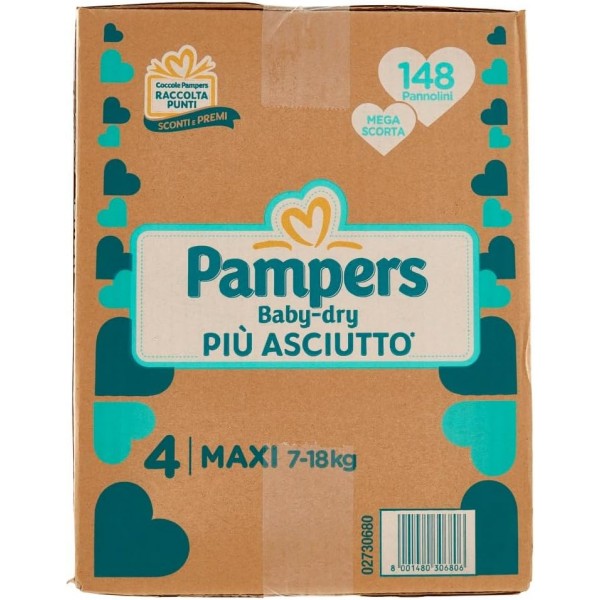 Pampers baby dry maxi 7-18 tg 4 148 pannolini mega scorta 