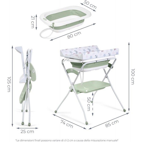 Ms Innovaciones ZOE Vasca da bagno Verde con gambe, fasciatoio, cuscino riduttore e cestino portaoggetti