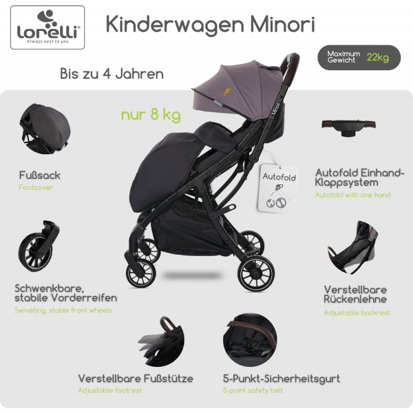 Lorelli Passeggino leggero Minori Grey Jasper con Coprigambe fino a 22 kg