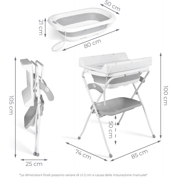 Ms Innovaciones ZOE Vasca da bagno Grigio con gambe, fasciatoio, cuscino riduttore e cestino portaoggetti