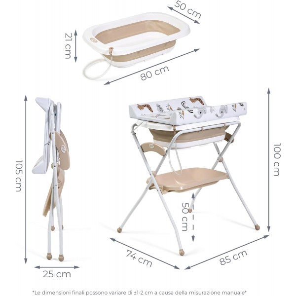 Ms Innovaciones ZOE Vasca da bagno Beige con gambe, fasciatoio, cuscino riduttore e cestino portaoggetti
