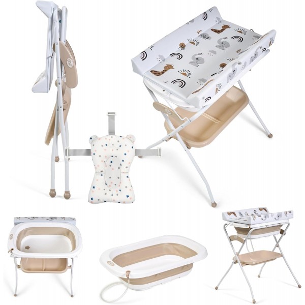 Ms Innovaciones ZOE Vasca da bagno Beige con gambe, fasciatoio, cuscino riduttore e cestino portaoggetti