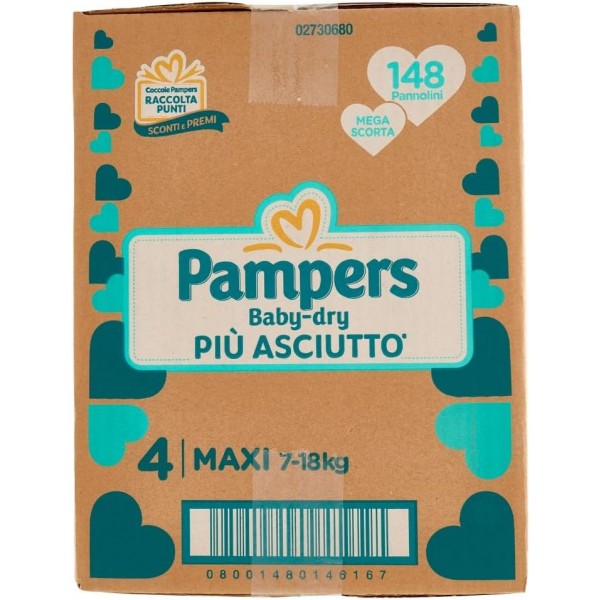 Pampers baby dry maxi 7-18 tg 4 148 pannolini mega scorta 