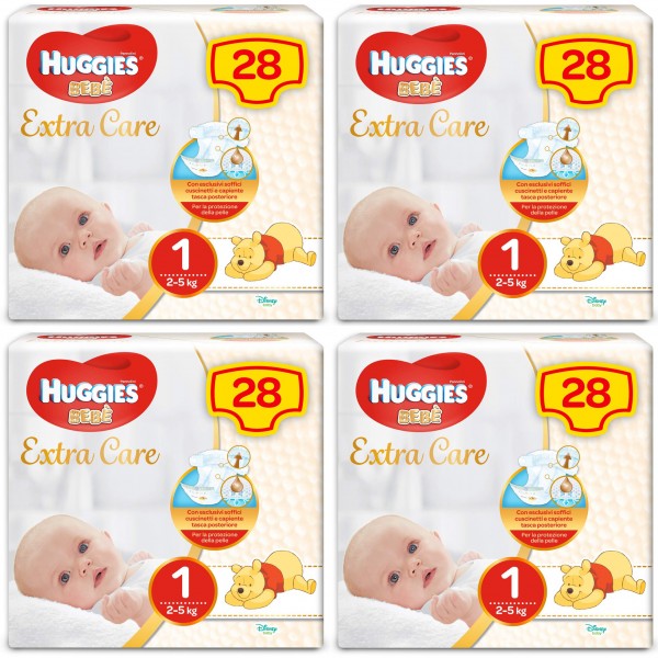 Kit Pannolini Huggies Extra Care Mis. 1 2-5 Kg 4 Pacchi da 28 pz