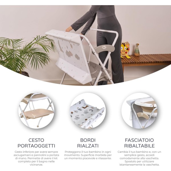 Ms Innovaciones ZOE Vasca da bagno Beige con gambe, fasciatoio, cuscino riduttore e cestino portaoggetti