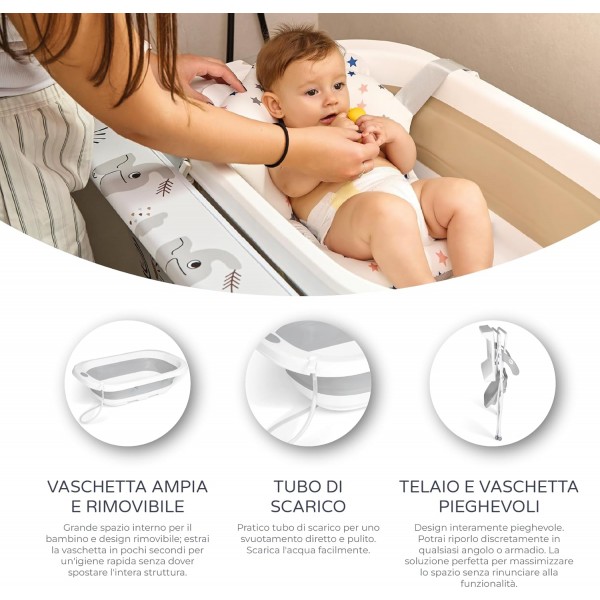 Ms Innovaciones ZOE Vasca da bagno Grigio con gambe, fasciatoio, cuscino riduttore e cestino portaoggetti