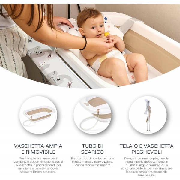 Ms Innovaciones ZOE Vasca da bagno Beige con gambe, fasciatoio, cuscino riduttore e cestino portaoggetti