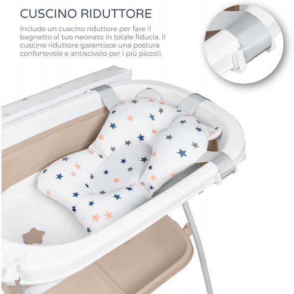 Ms Innovaciones ZOE Vasca da bagno Beige con gambe, fasciatoio, cuscino riduttore e cestino portaoggetti