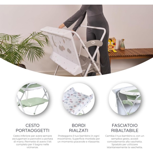 Ms Innovaciones ZOE Vasca da bagno Verde con gambe, fasciatoio, cuscino riduttore e cestino portaoggetti