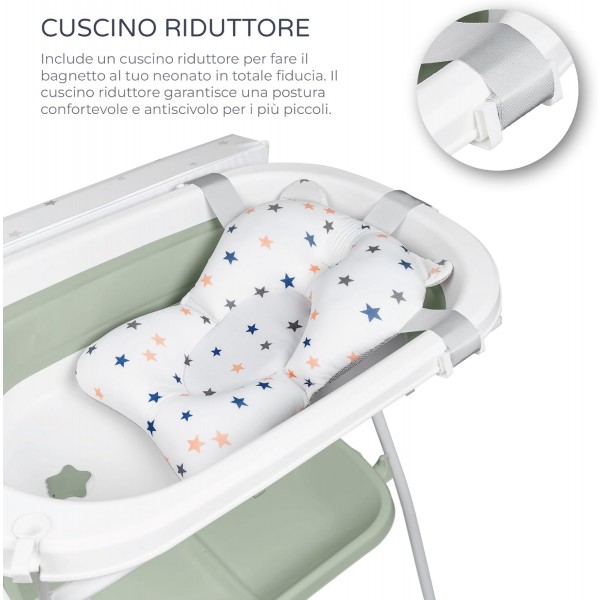 Ms Innovaciones ZOE Vasca da bagno Verde con gambe, fasciatoio, cuscino riduttore e cestino portaoggetti