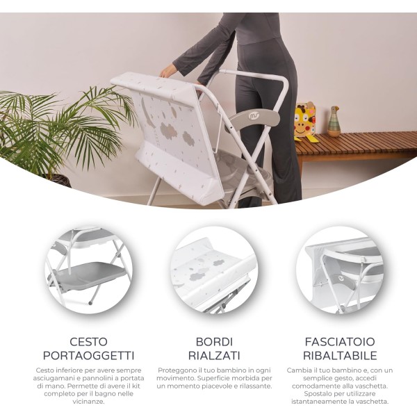 Ms Innovaciones ZOE Vasca da bagno Grigio con gambe, fasciatoio, cuscino riduttore e cestino portaoggetti