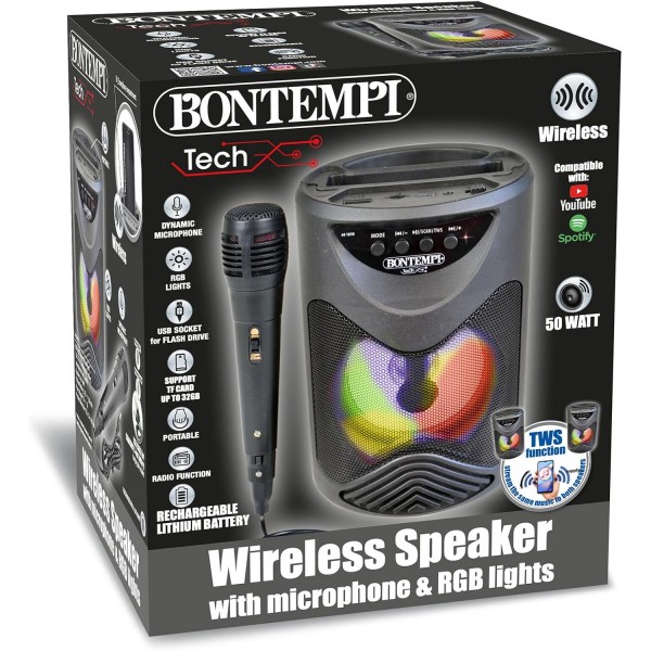 Bontempi SonicSync - Amplificatore Wireless Karaoke con Microfono e Effetti Luminosi