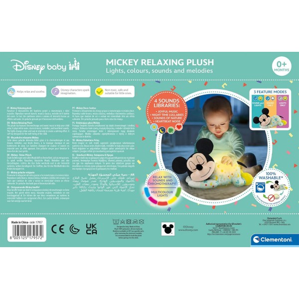 Clementoni Baby Mickey Peluche Riproduce Rumori Bianchi e Battito del Cuore con Cromoterapia
