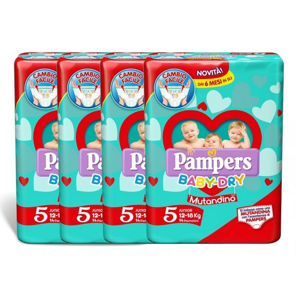 Kit Pannolini Pampers Baby Dry Mutandino 12-18 Kg Misura 5 - 4 Pacchi da 14pz
