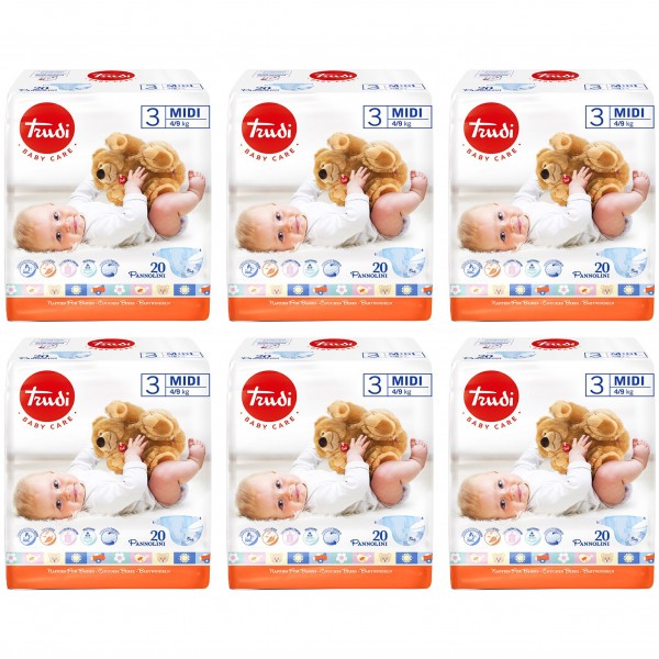 Kit Pannolini Trudi Dry Fit 4-9 Kg Misura 3 Midi 6 Pacchi da 20 pz
