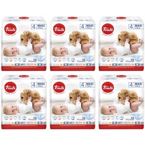 Kit Pannolini Trudi 7-18 Kg Misura 4 Maxi 6 Pacchi da 18 pz