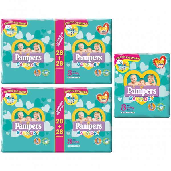 Kit Pannolini Pampers Baby Dry Midi 4-9 Kg Misura 3 - 2 Bipack da 56pz + 1 Pacco da 20pz