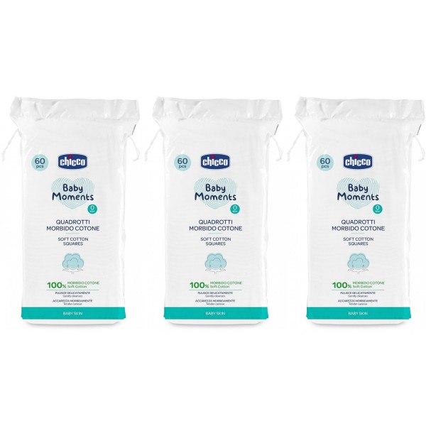 Kit 3 Pacchi Quadrotti Morbido Cotone Chicco Baby Moments 60 Pz (180 pz)