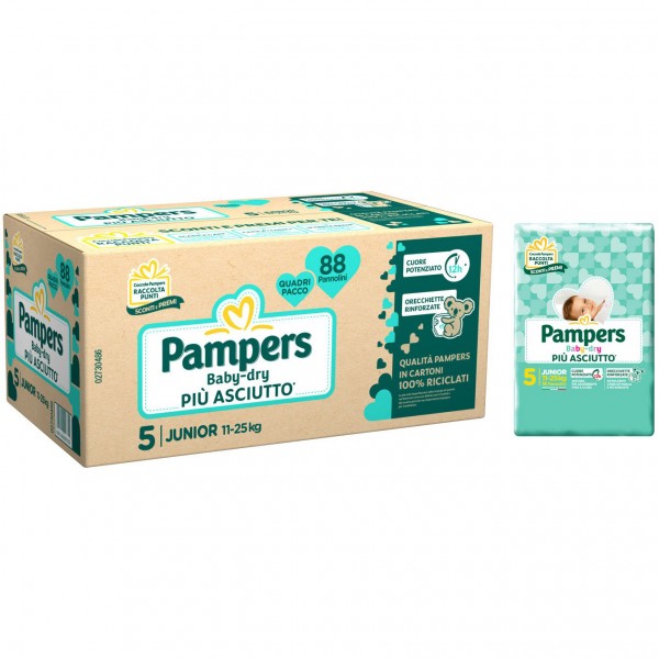 Kit Pannolini Pampers Baby Dry Junior 11-25 Kg Misura 5 - 1 Scatole da 88pz + 1 Pacco da 16pz