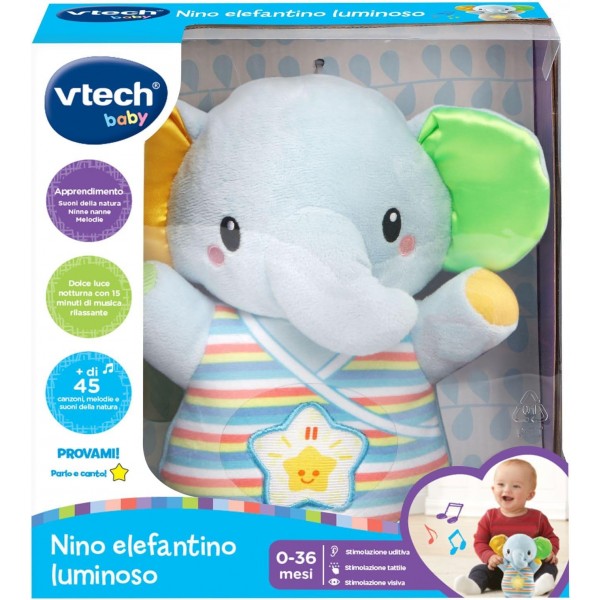 VTech Nino Elefantino Luminoso, Elefante Peluche Interattivo con più di 45 Canzoni