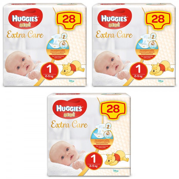 Kit Pannolini Huggies Extra Care Mis. 1 2-5 Kg 3 Pacchi da 28 pz