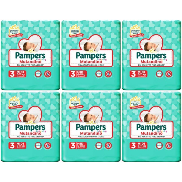 Kit Pannolini Pampers Baby Dry Mutandino 6-11 Kg Misura 3 MIDI - 6 Pacchi da 19pz