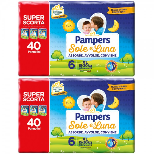 Kit Pannolini Pampers Sole e Luna 6 XL 15-30kg 2 Pacchi da SUPER SCORTA 40pz