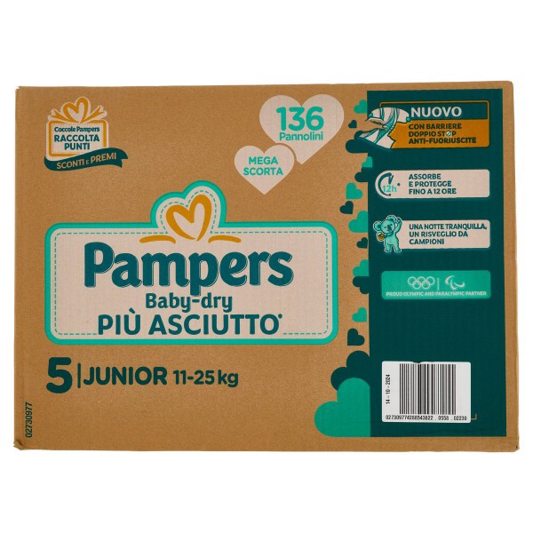 PAMPERS JUMBO BABY DRY JUNIOR TAGLIA 5 136 PEZZI