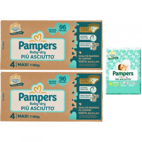 Kit Pannolini Pampers Baby Dry Maxi 7-18 Kg Misura 4 - 2 Scatole da 96pz + 1 Pacco da 18pz