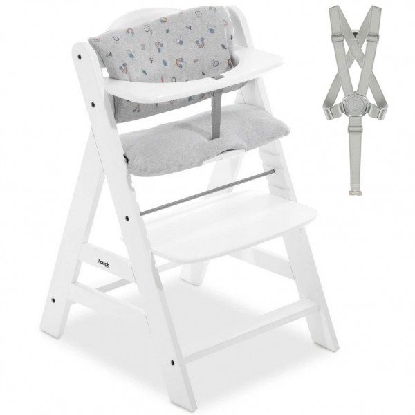Seggiolone in Legno Hauck Alpha+ White con Imbottitura Cuscino Rainbow