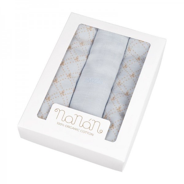 Set 3 pz Mussola Nanan All Over Lettering 80 x 80 cm Azzurro