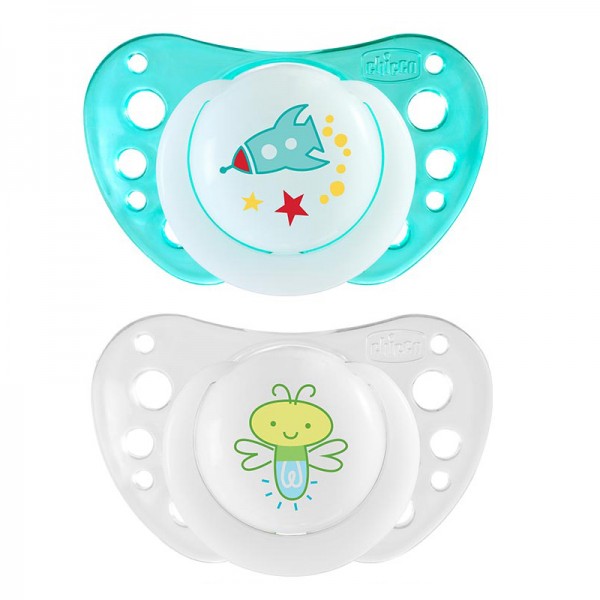 Succhietto Chicco Silicone Physio Air Night 2 pz Celeste Bianco 16-36m