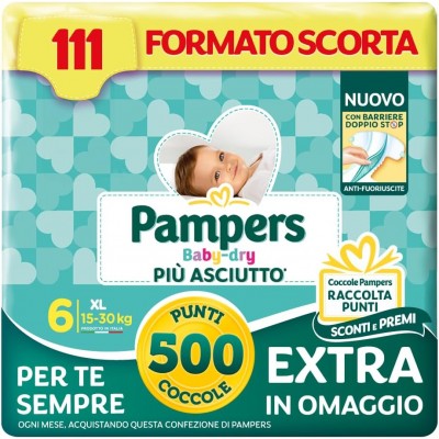 Pampers Baby Dry XL, Taglia 6 (15-30 kg), Formato Scorta, Barriere Anti-Fuoriuscite 111 pezzi