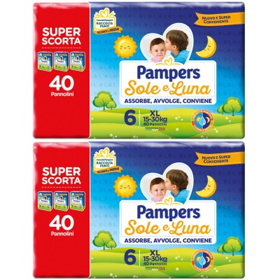 Kit Pannolini Pampers Sole e Luna 6 XL 15-30kg 2 Pacchi da SUPER SCORTA 40pz